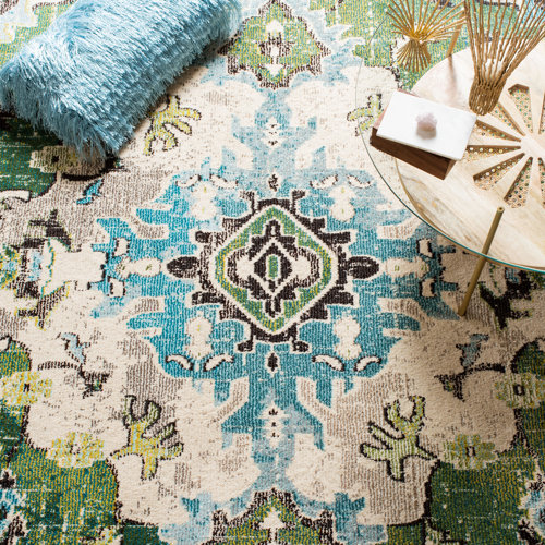 Mistana™ Indira Performance Forest Green / Light Blue Rug & Reviews